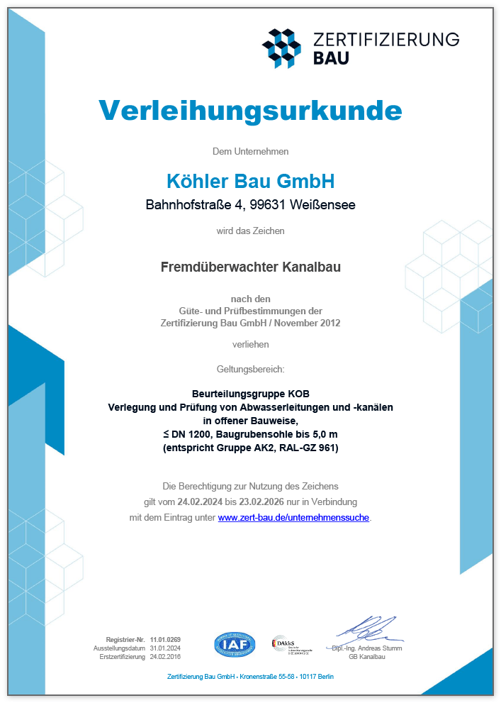 Verleihungsurkunde  Zertifizierung Bau